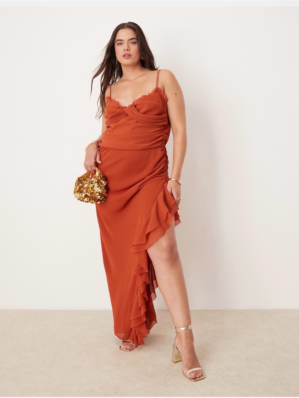 ASOS Curve Rust Asymmetrical Ruffle Maxi Dress with slit